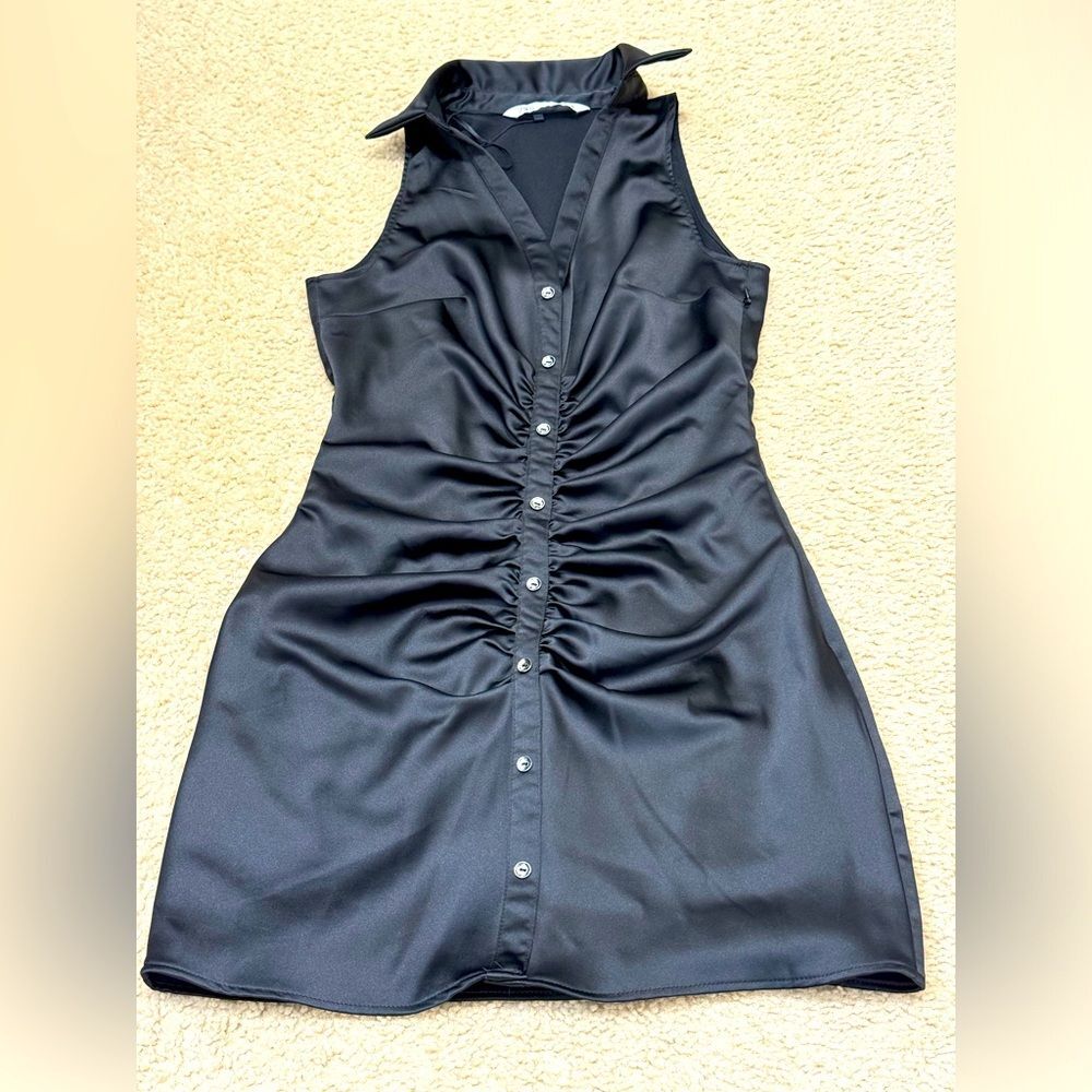 Zara Black Satin Ruched Sleeveless Mini Collared Shirt Dress Women’s Sz XS